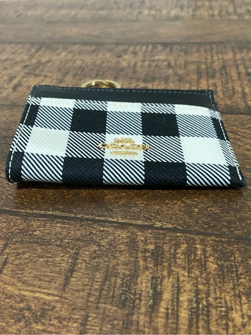 Coach Mini Skinny ID Case Black and White Gingham Print with Cherry Charm